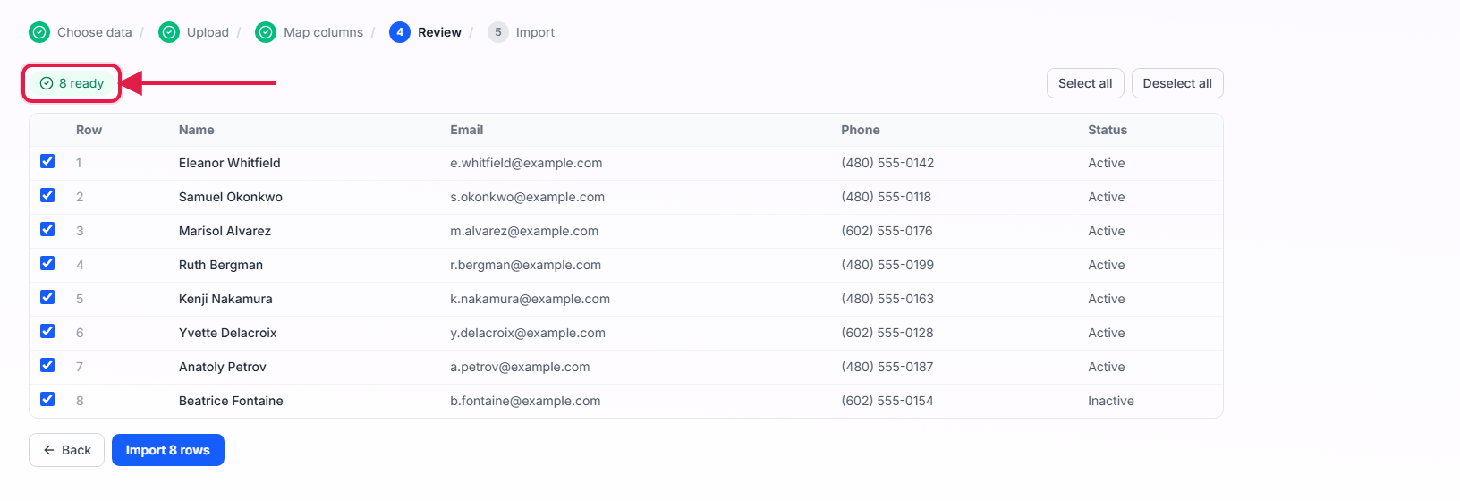 Import review step showing the ready count outlined in red above a table of rows with name, email, phone and status