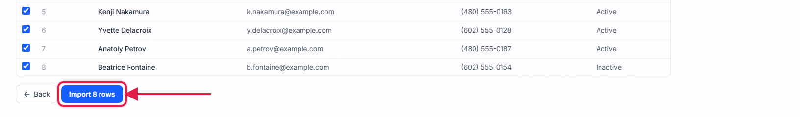 Import review step with the Import 8 rows button outlined in red beside the Back button