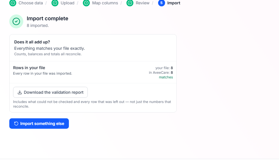 Import complete panel showing rows in your file compared against rows in AveeCare with a matches result and a download validation report button