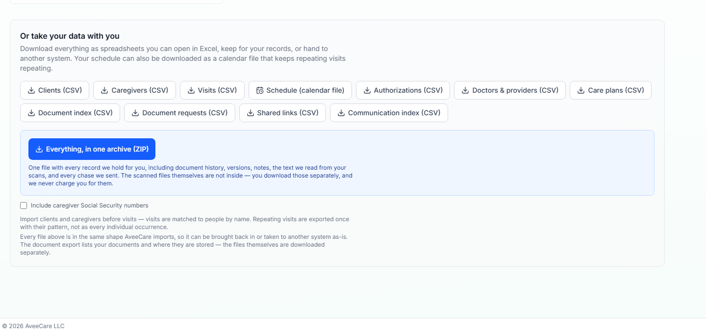 Or take your data with you panel on the AveeCare import page, showing CSV export buttons and the Everything in one archive ZIP button