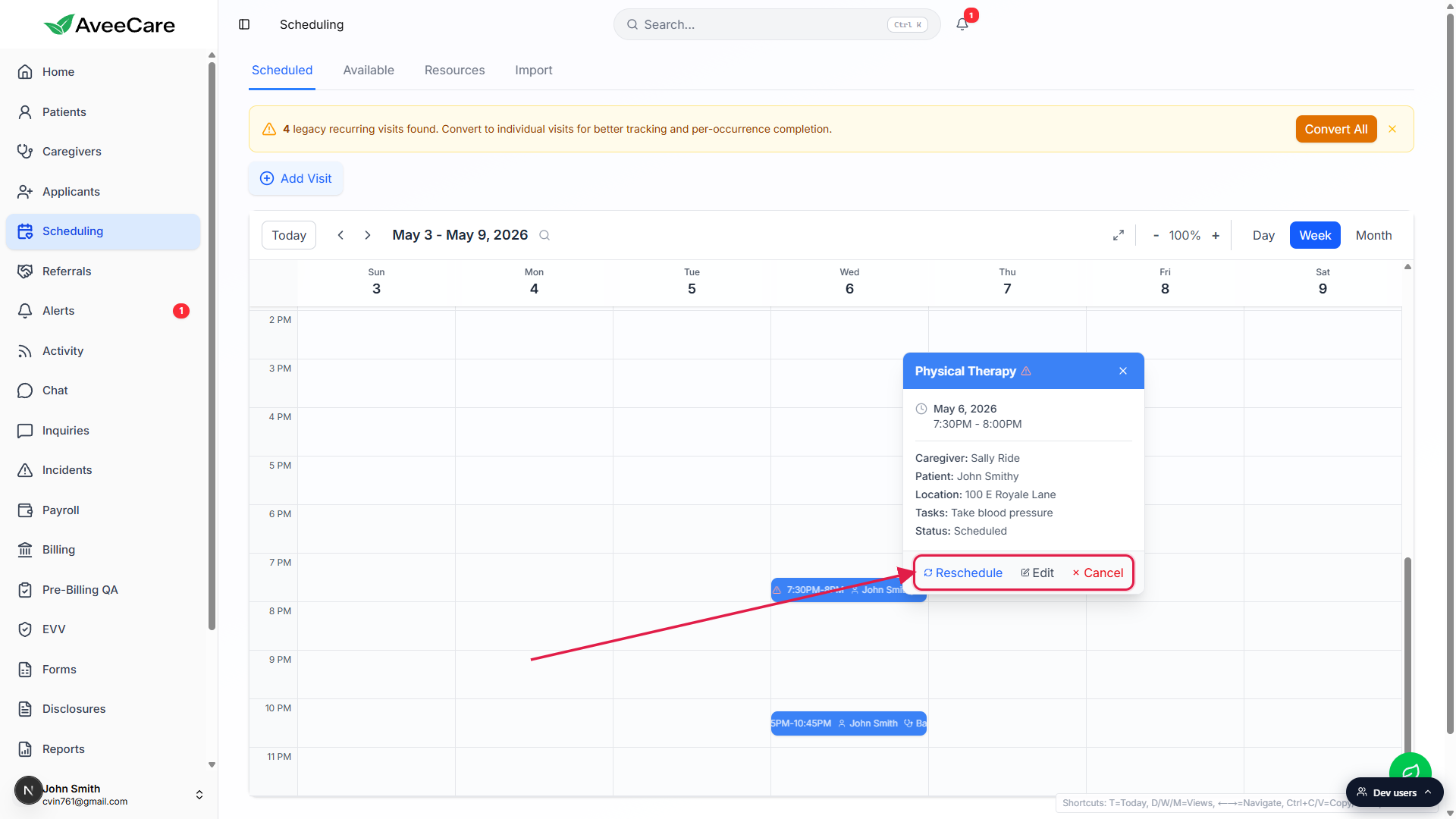 Visit popover on the Scheduling calendar with the Reschedule, Edit, and Cancel action row called out with a red box