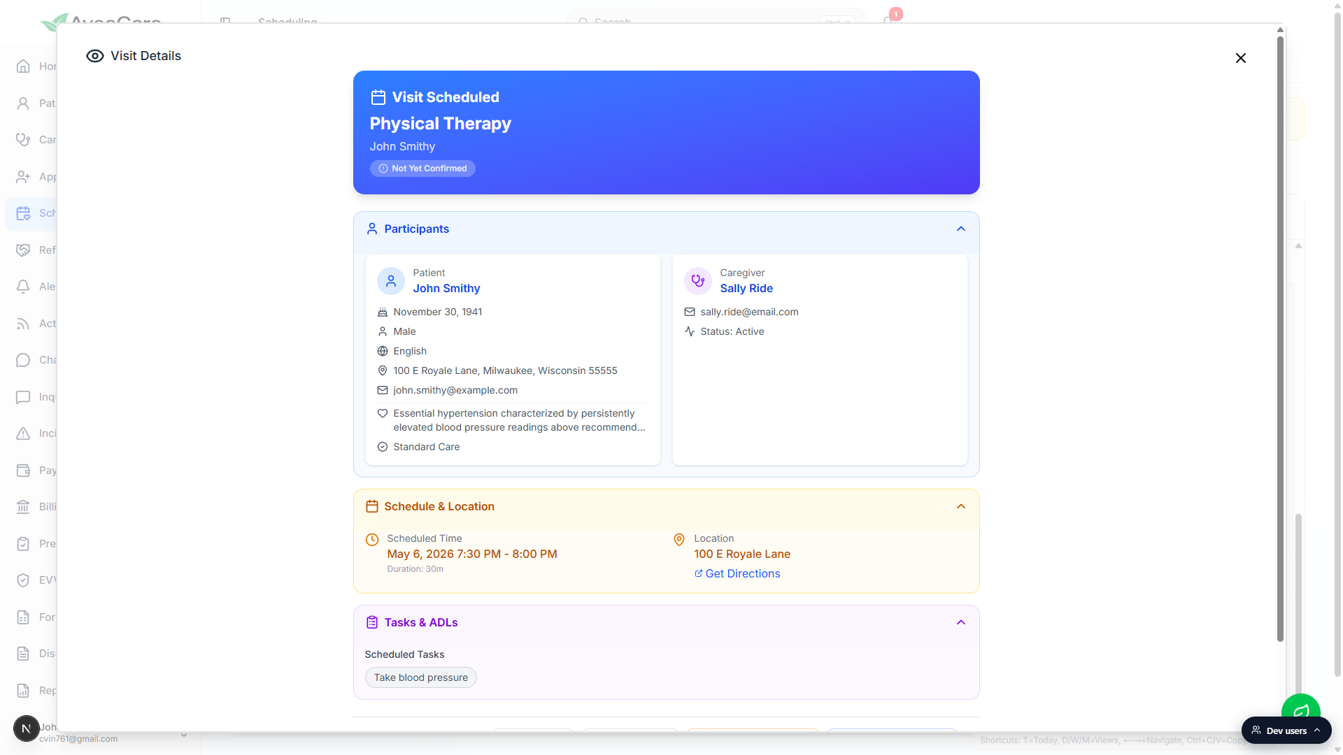 Visit Details modal showing the Visit Scheduled header for Physical Therapy with Participants, Schedule and Location, and Tasks and ADLs sections