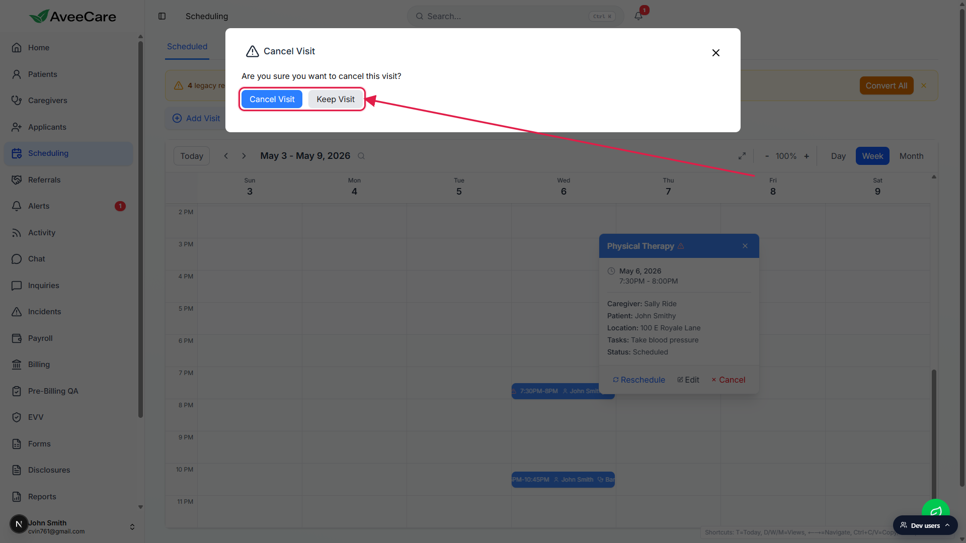 Cancel Visit confirmation dialog with the Cancel Visit and Keep Visit buttons highlighted with a red box