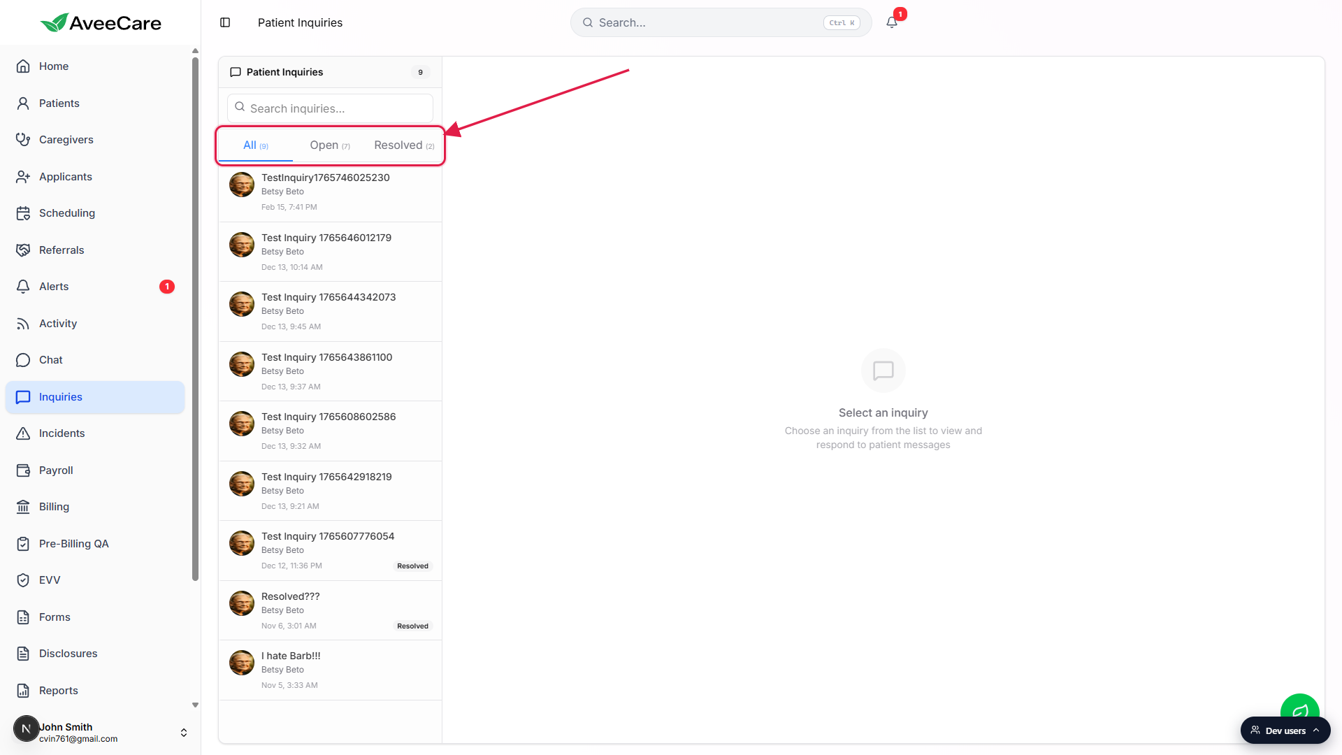 Patient Inquiries page with All, Open, and Resolved tabs called out at the top of the list