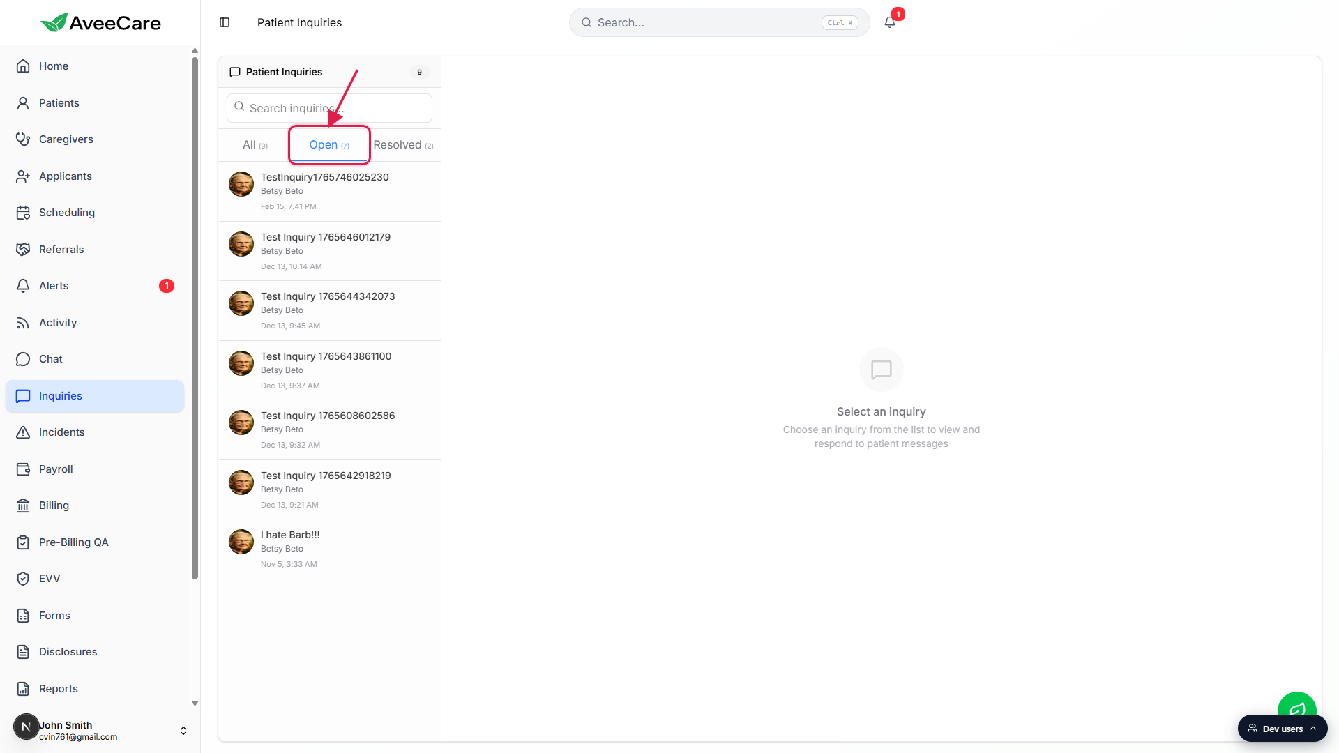 Open tab selected, showing only unresolved inquiries with the Open tab boxed in red