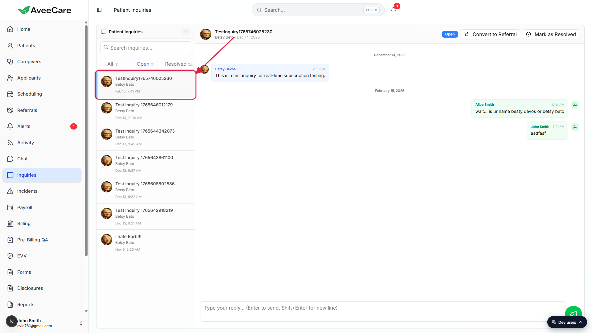 Selected inquiry row highlighted in the sidebar with its message thread loaded in the right pane