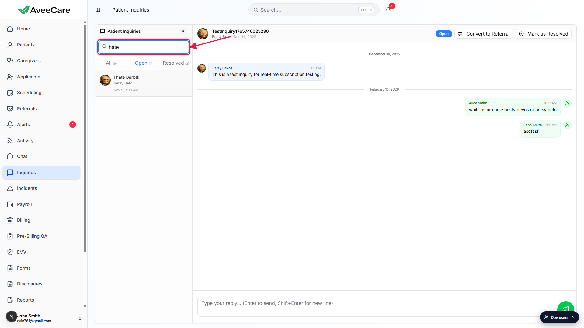 Search inquiries box filled with hate, list narrowed to the I hate Barb inquiry