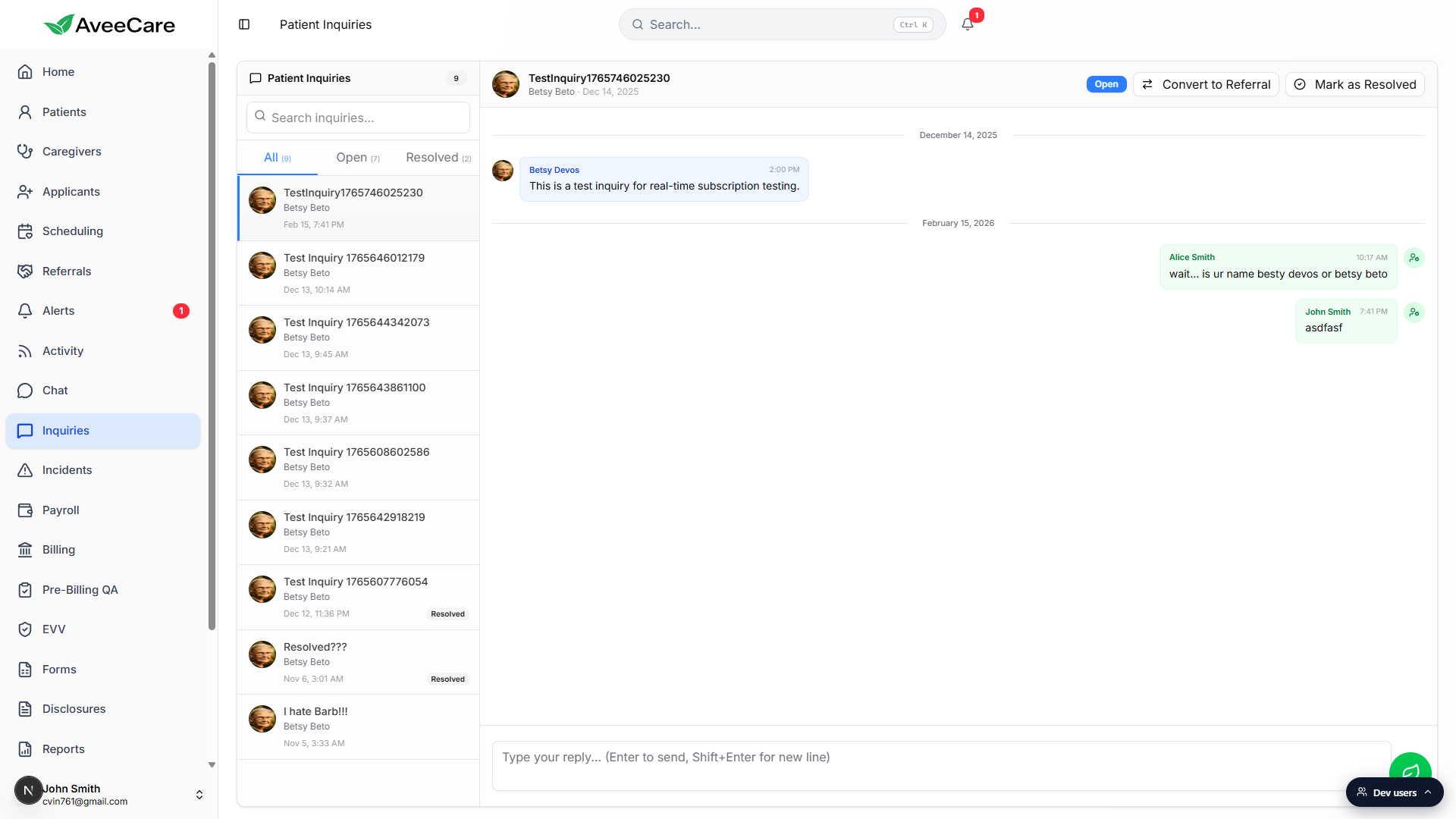 Inquiries page with one row selected on the left and the full message thread loaded on the right, header showing Open status, Convert to Referral and Mark as Resolved buttons, and the Type your reply composer at the bottom