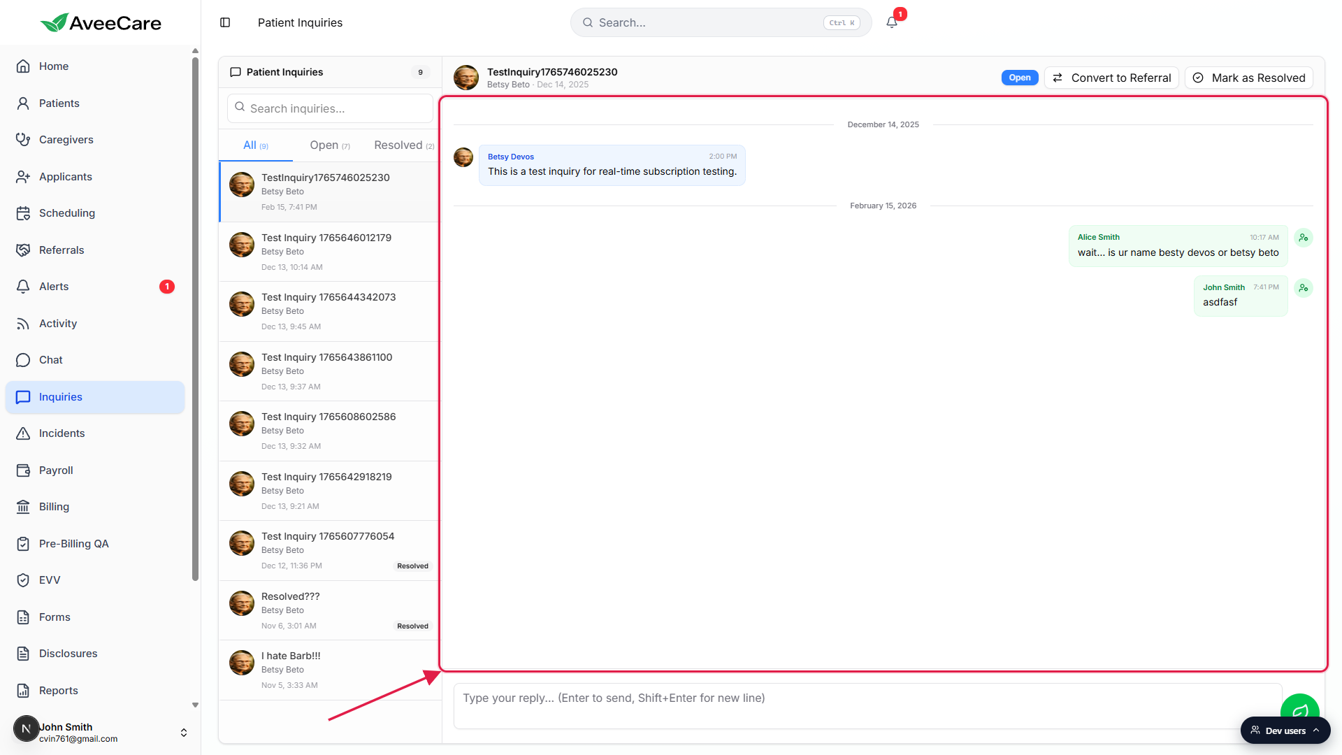 Message thread in the right pane with a blue patient bubble on the left, two green staff reply bubbles on the right, and date dividers separating December 14 2025 from February 15 2026, called out with a red box