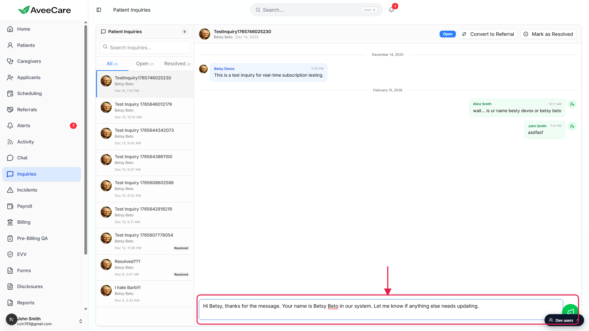 Reply composer at the bottom of the thread pane with a typed message about confirming the patient name, the Send button next to it enabled, and the composer area called out with a red box