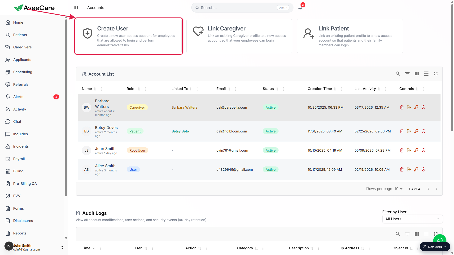 Accounts page with the Create User entry card called out by a red box and arrow, sibling Link Caregiver and Link Patient cards visible for context