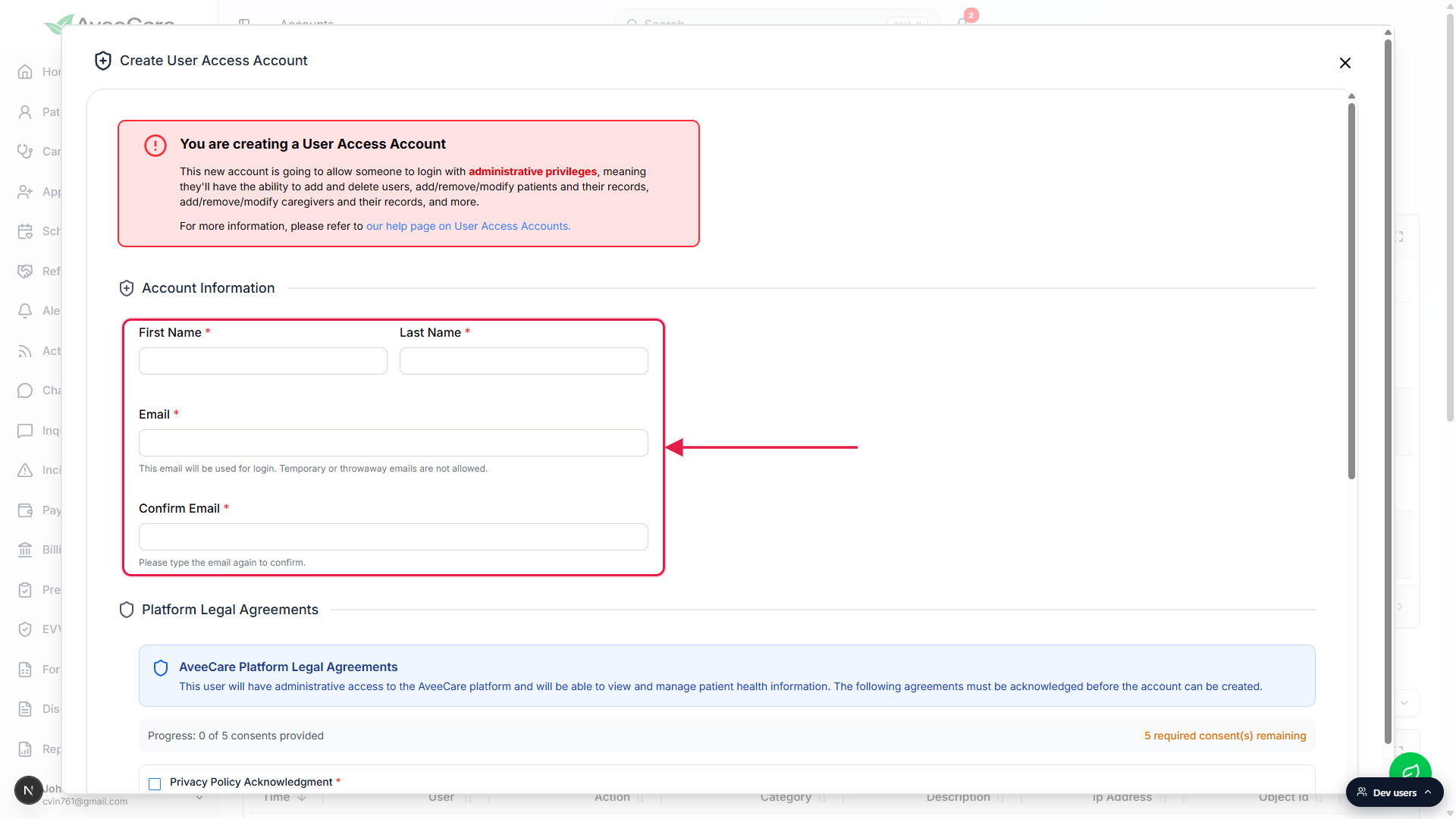 Account Information section of the Create User Access Account modal with First Name, Last Name, Email, and Confirm Email fields enclosed in a red box and called out by an arrow from the right