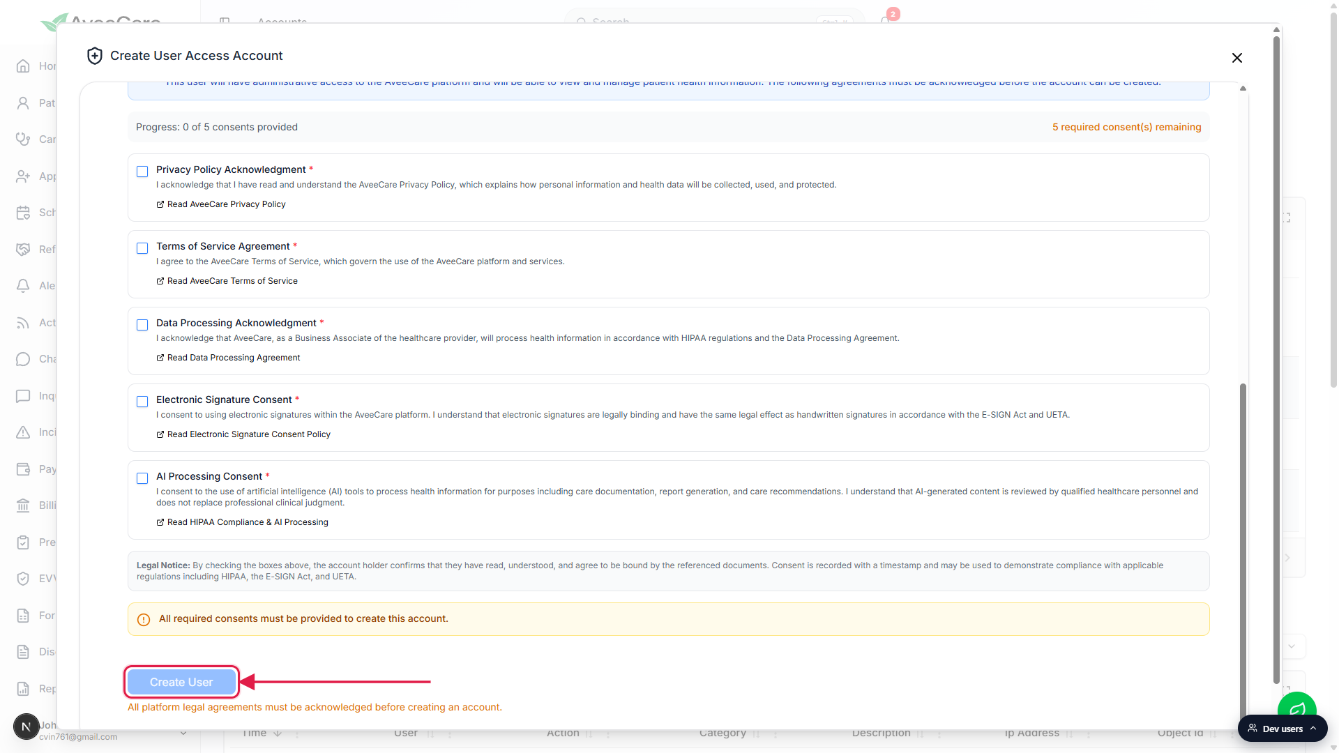 Platform Legal Agreements list showing all five required acknowledgments and the disabled Create User submit button at the bottom of the modal, called out with a red box and arrow