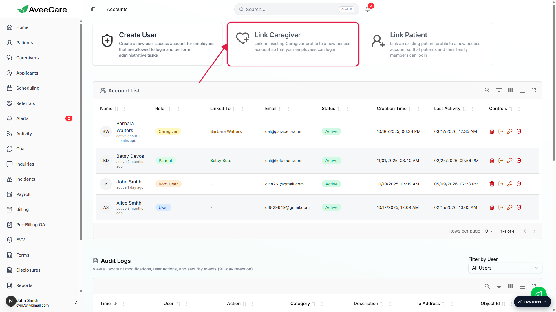 Accounts page with the Link Caregiver entry card called out by a red box and arrow, next to the Create User and Link Patient cards