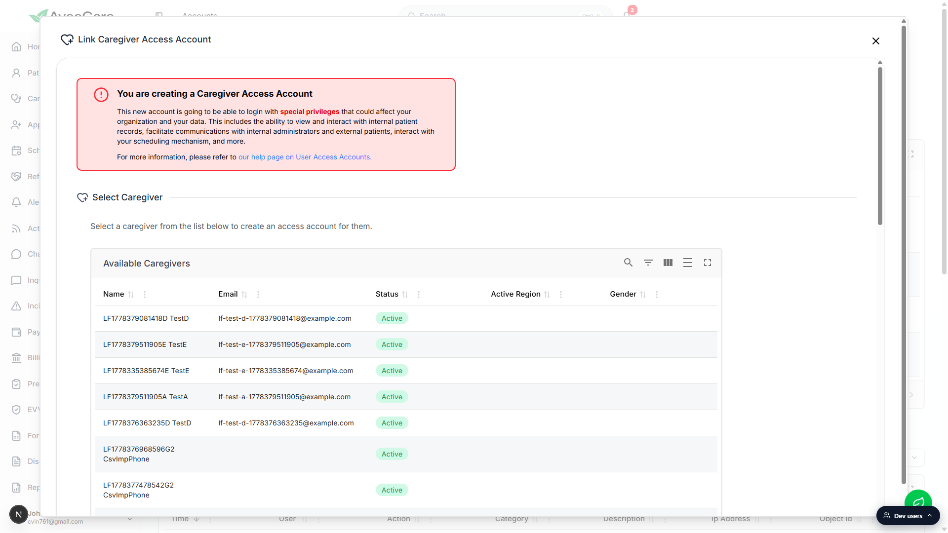 Top of the Link Caregiver Access Account modal showing the red warning panel and the Available Caregivers table
