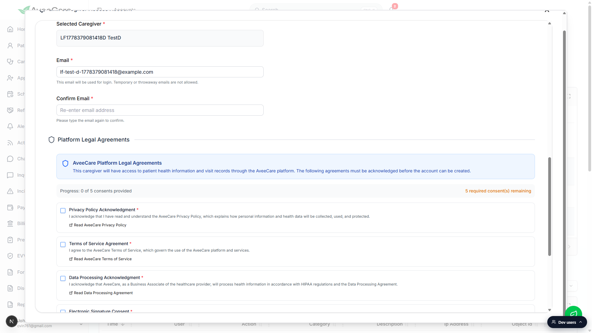 Selected Caregiver row filled with the caregiver name, Email field pre-populated from the caregiver record, Confirm Email field still empty, and the Platform Legal Agreements panel below