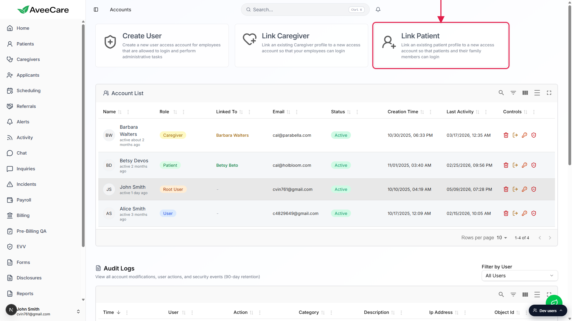 Accounts page with the Link Patient entry card on the right called out by a red box and arrow, next to the Create User and Link Caregiver cards