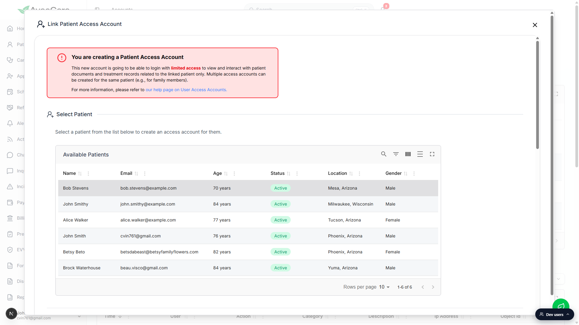 Top of the Link Patient Access Account modal showing the red warning panel and the Available Patients table with Name, Email, Age, Status, Location, and Gender columns