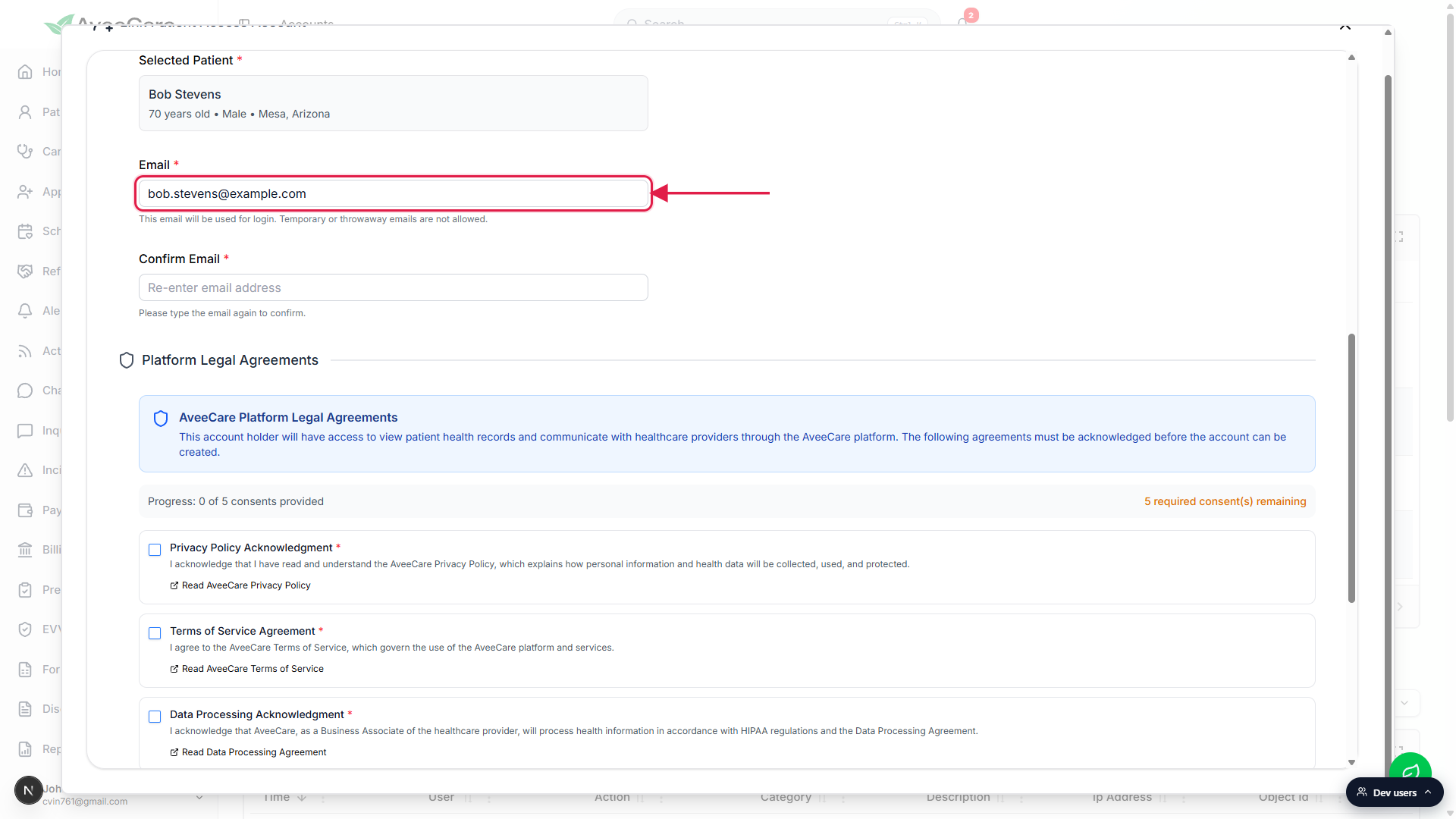Selected Patient panel showing patient name, age, gender, city and state, the Email field pre-filled from the patient record called out by a red box and arrow, the empty Confirm Email field, and the Platform Legal Agreements panel below