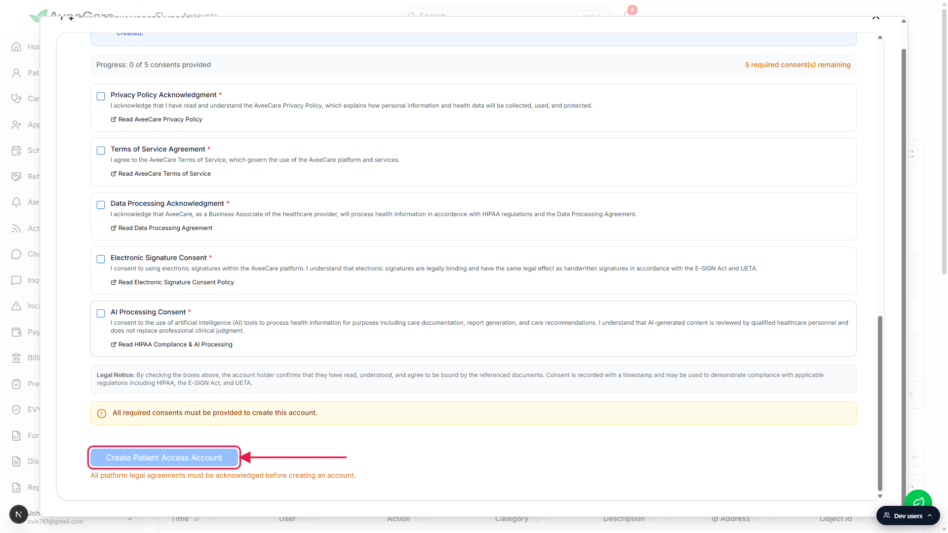 Create Patient Access Account submit button at the bottom of the modal, called out by a red box and arrow, with the five consent checkboxes and the All required consents must be provided warning above it
