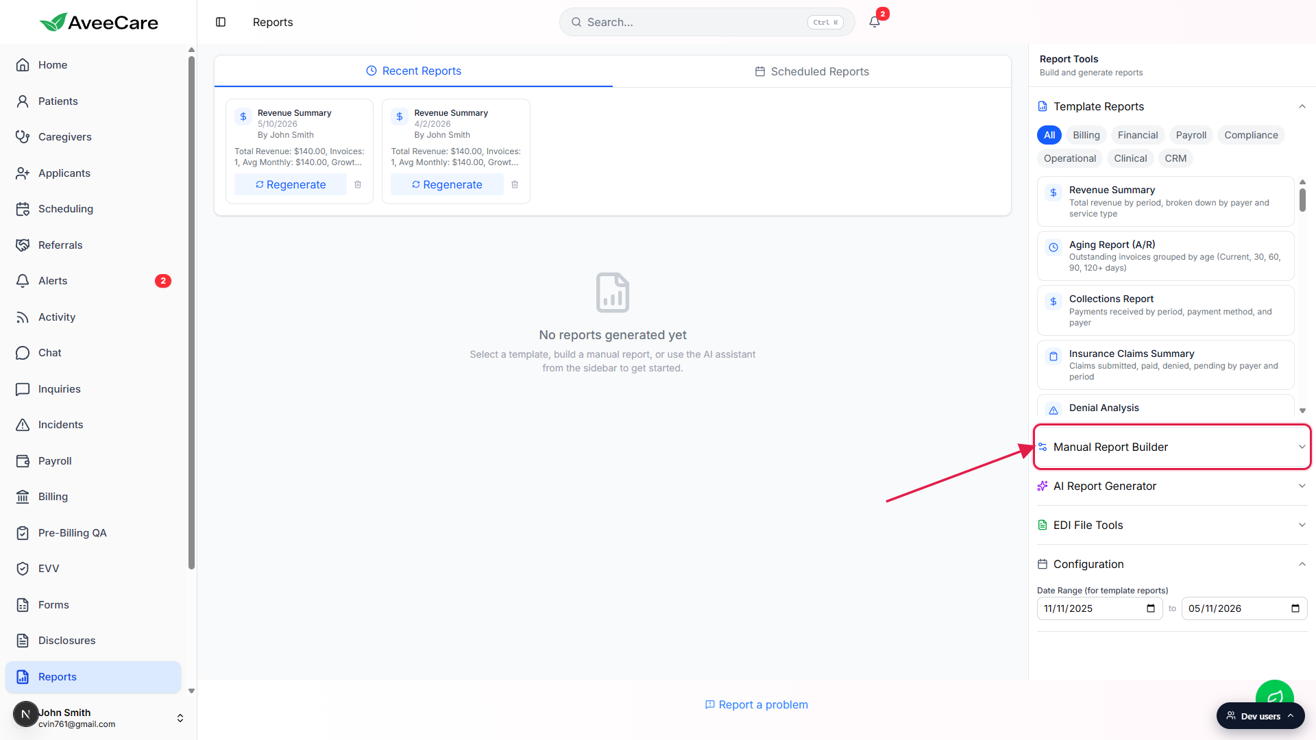 Reports page with the Manual Report Builder accordion in the right rail, called out with a red box