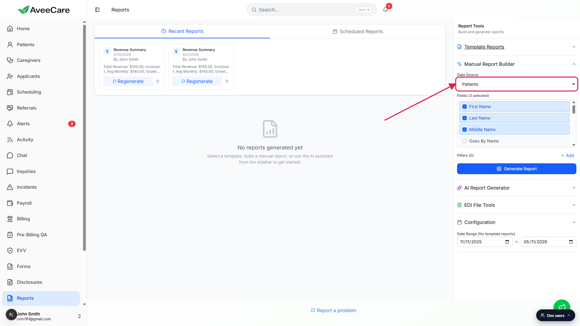 Data Source dropdown in the Manual Report Builder panel, set to Patients, highlighted with a red box