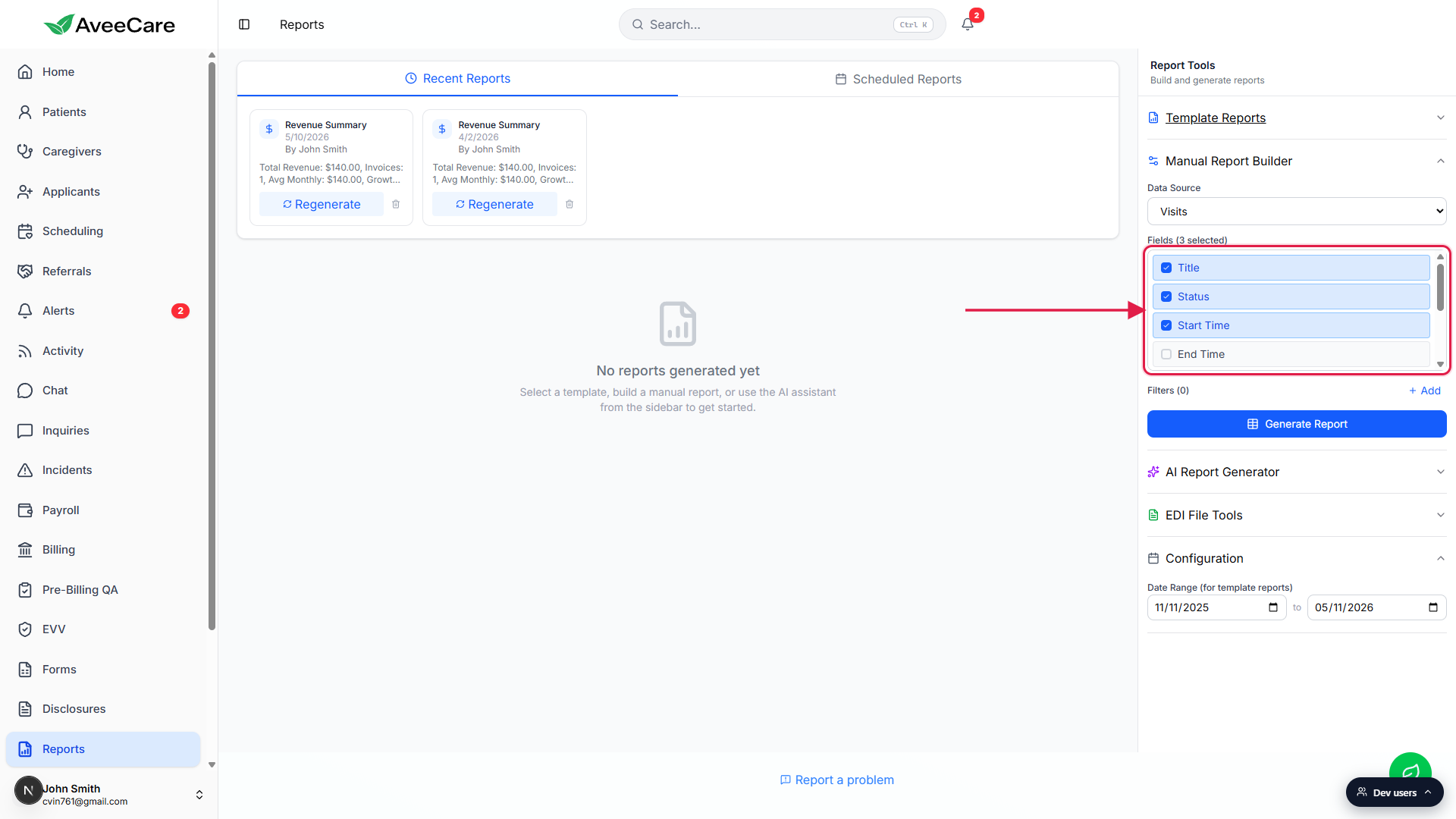 Fields grid in Manual Report Builder with Visits source and Title, Status, Start Time ticked, highlighted with a red box