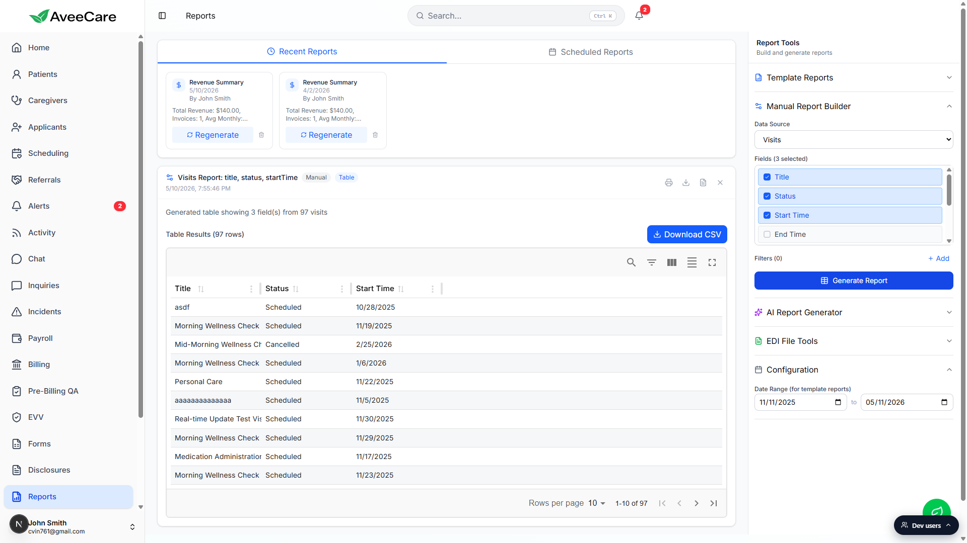 Generated manual report shown in the canvas with header card, Download CSV button, sortable Title, Status, and Start Time columns, and pagination