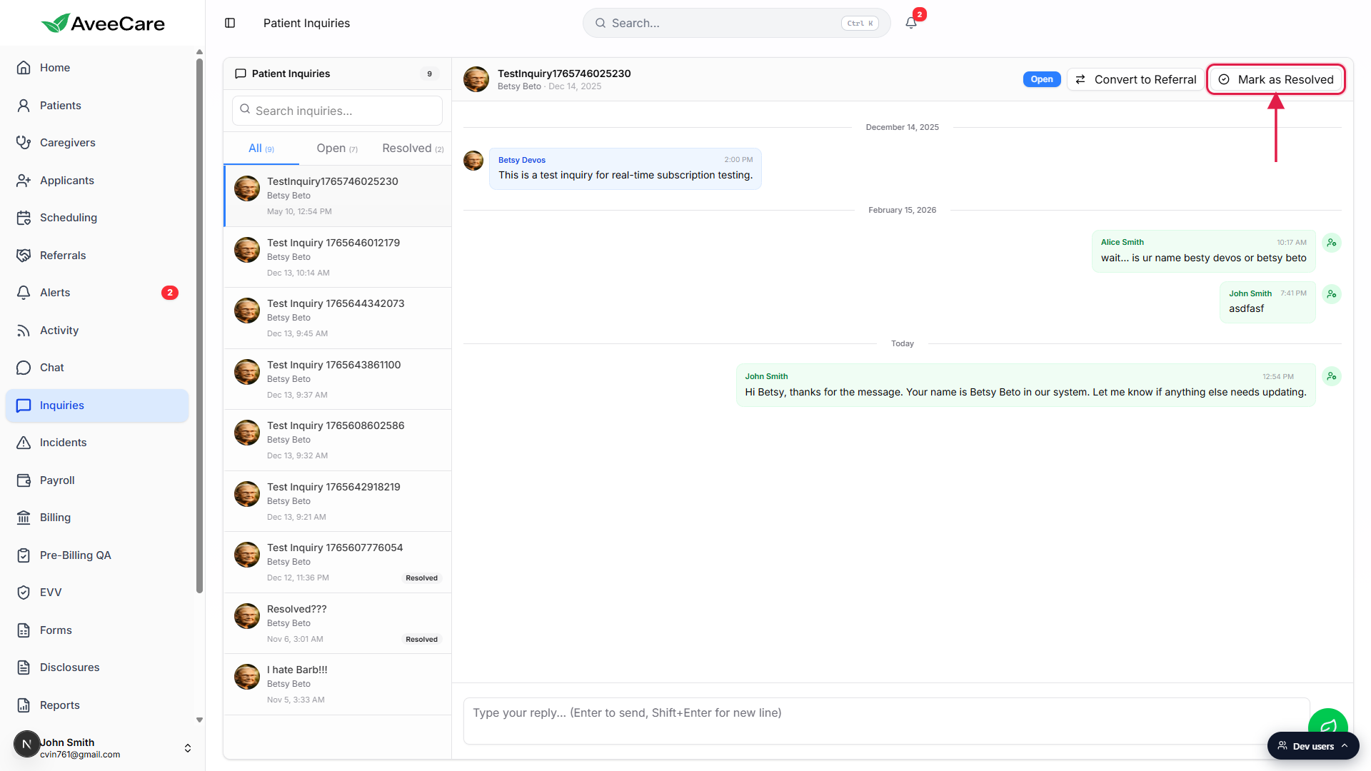 Inquiries page with one inquiry selected on the left, the thread loaded on the right, and the Mark as Resolved button in the top-right of the right-pane header highlighted with a red box