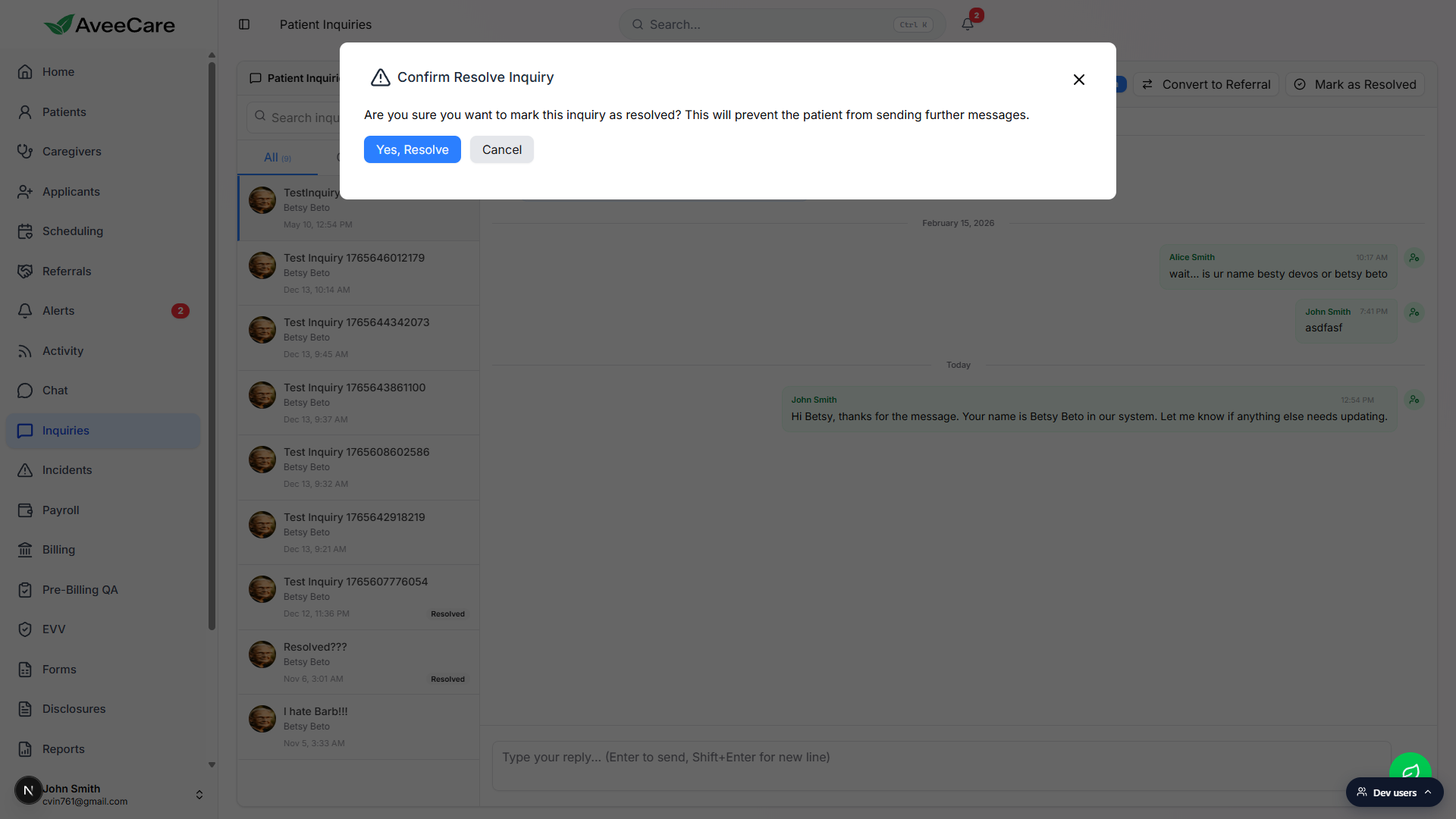 Confirm Resolve Inquiry dialog with the prompt about preventing the patient from sending further messages, a Yes, Resolve button on the left, and a Cancel button on the right