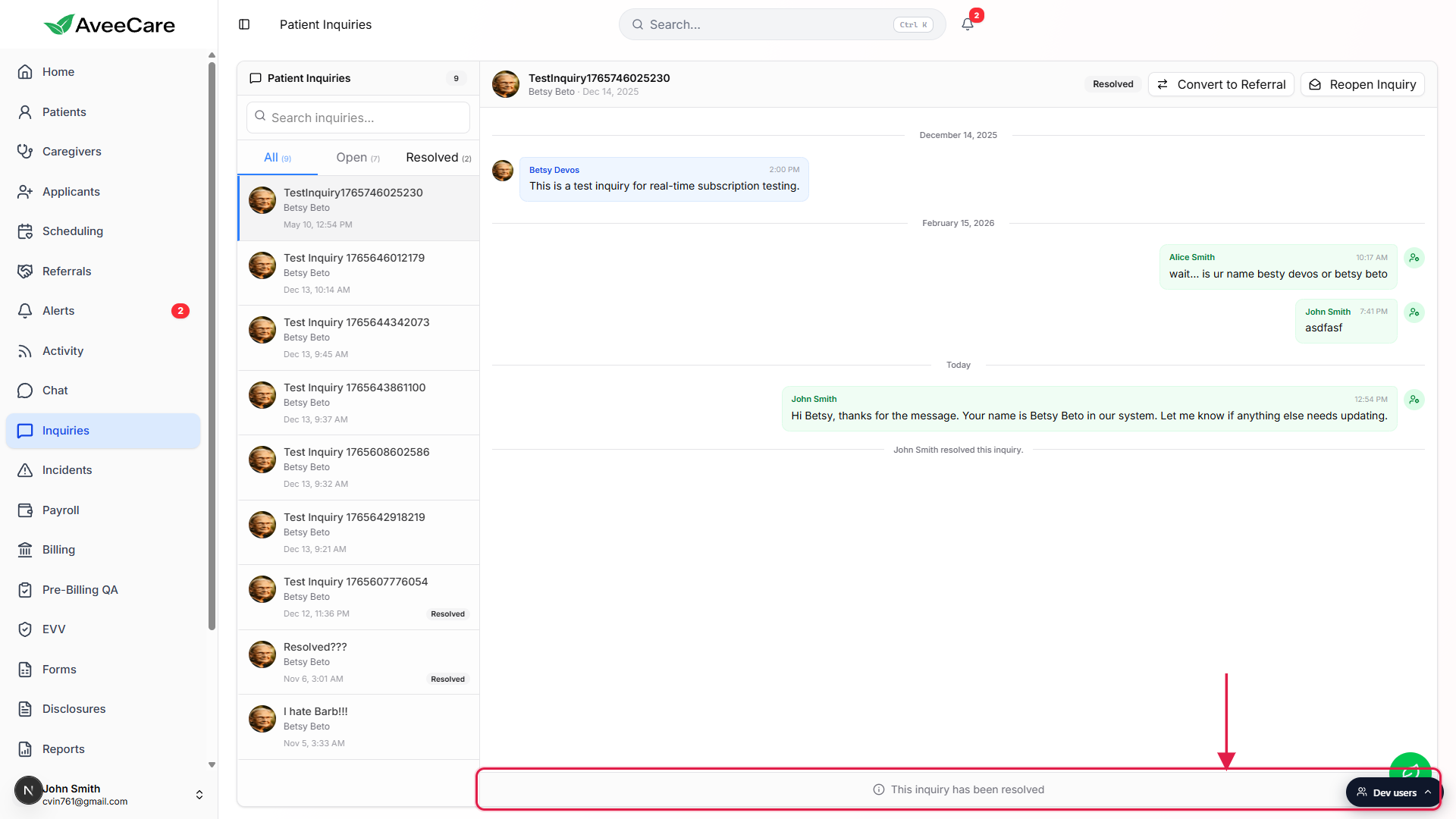 Inquiry detail after resolve: status pill shows Resolved, the bottom of the thread pane shows the This inquiry has been resolved notice highlighted with a red box, and the Reopen Inquiry button sits in the top-right of the header
