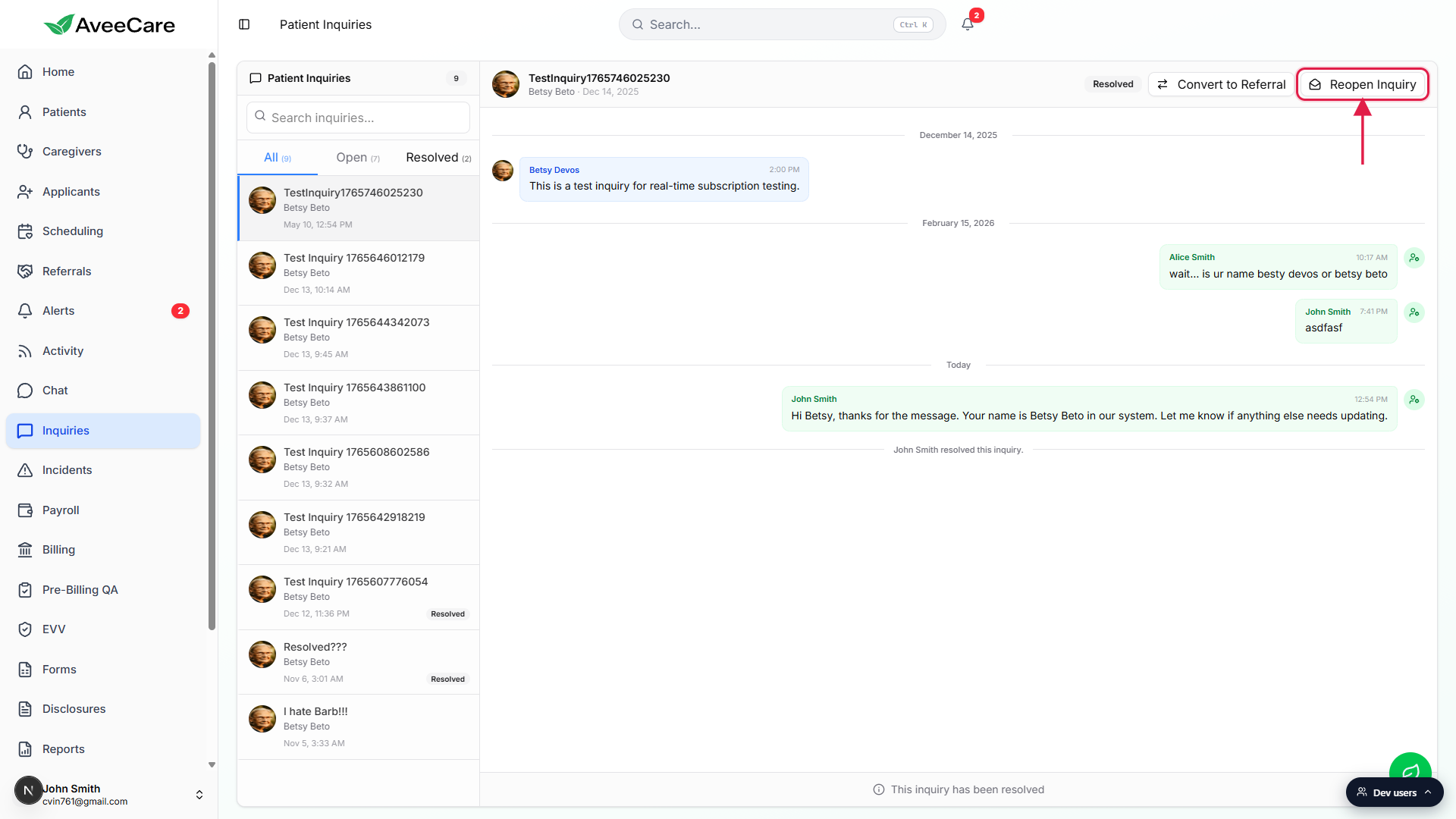 Resolved inquiry detail with the Reopen Inquiry button in the right-pane header highlighted with a red box and an arrow
