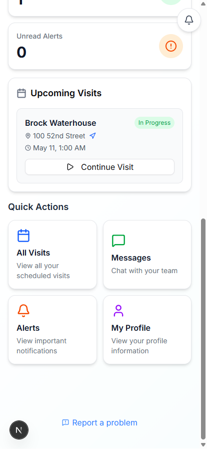 Caregiver mobile dashboard scrolled down to show the Upcoming Visits card with a Continue Visit button and the Quick Actions grid (All Visits, Messages, Alerts, My Profile)