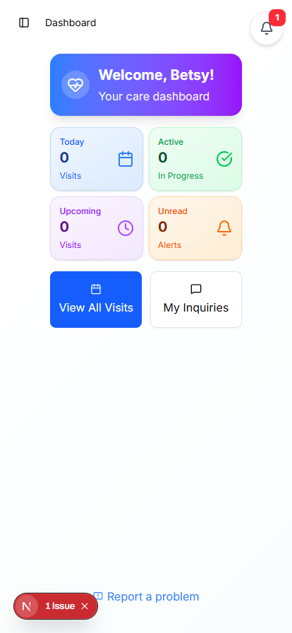 Patient dashboard on a phone at a 414 pixel wide viewport showing the gradient Welcome, Betsy banner, four stat tiles for Today, Active, Upcoming, and Unread, and View All Visits and My Inquiries shortcut buttons