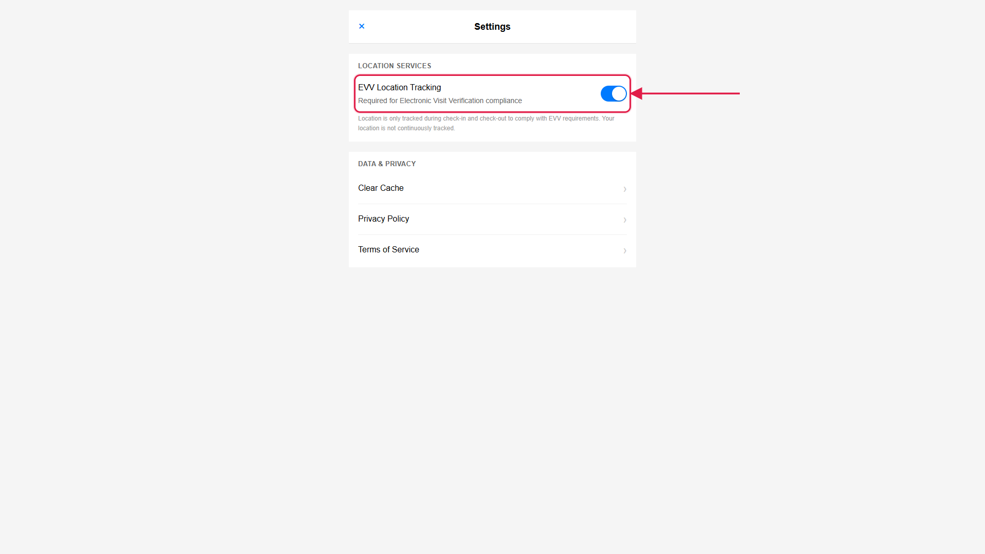 Native Settings Location Services section with the EVV Location Tracking switch turned on, the Required for Electronic Visit Verification compliance subtitle, and the Data and Privacy section below, called out with a red box and arrow around the EVV Location Tracking row
