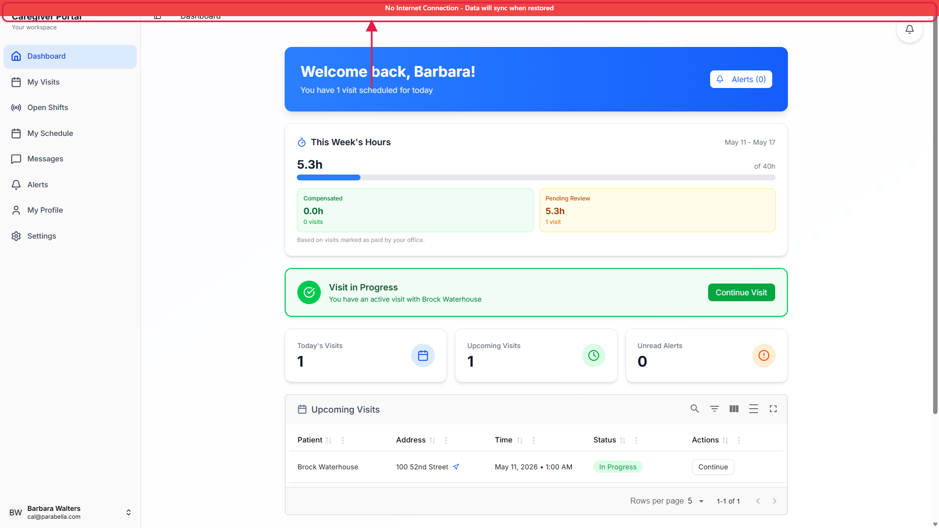 Caregiver dashboard with a red No Internet Connection - Data will sync when restored bar pinned at the top, called out with a red box and arrow