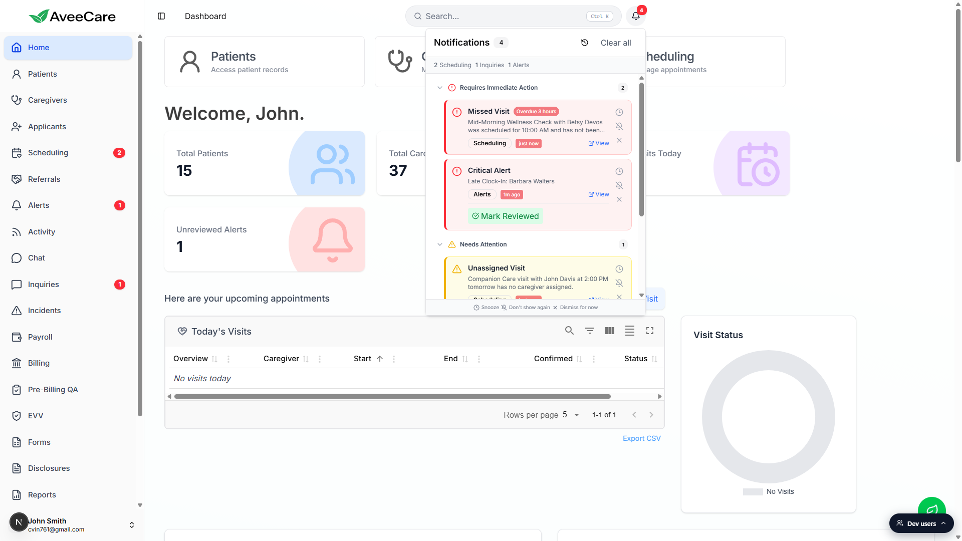 Notification panel open over the dashboard showing the Notifications header with a 4 chip, the Clear all button, the per-page summary bar, and three severity groups with cards inside