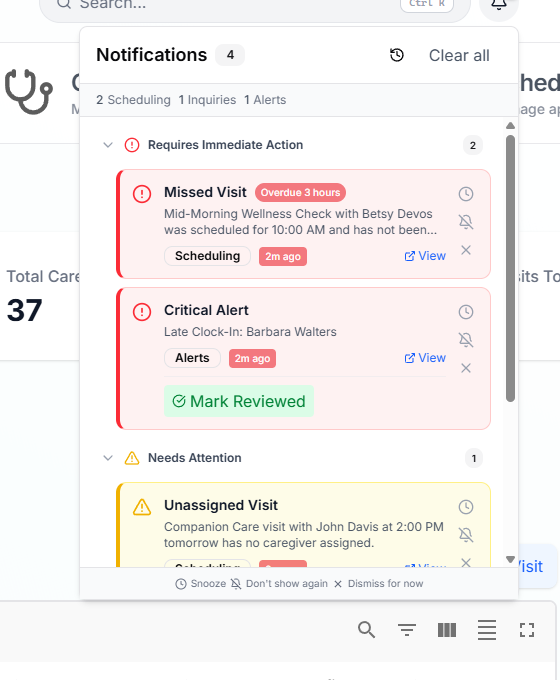 Close-up of the notification panel showing two cards in the Requires Immediate Action group, the green Mark Reviewed quick action on the Critical Alert card, and the per-card Snooze, Don't show again, and Dismiss for now icons stacked on the right