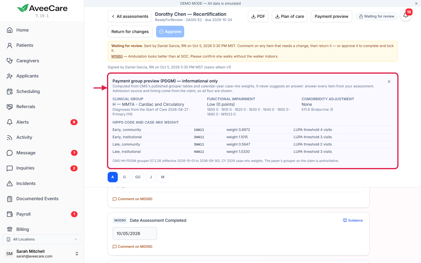 The outlined Payment group preview (PDGM), informational only, showing clinical group MMTA cardiac and circulatory, low functional impairment, no comorbidity adjustment, and four HIPPS codes with case-mix weights and LUPA thresholds