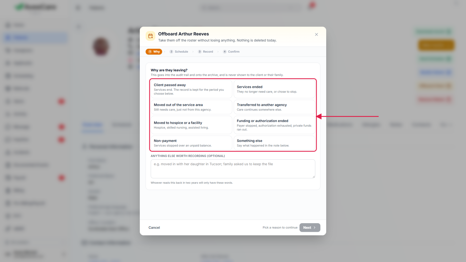 The Why are they leaving step of the Offboard Client window
