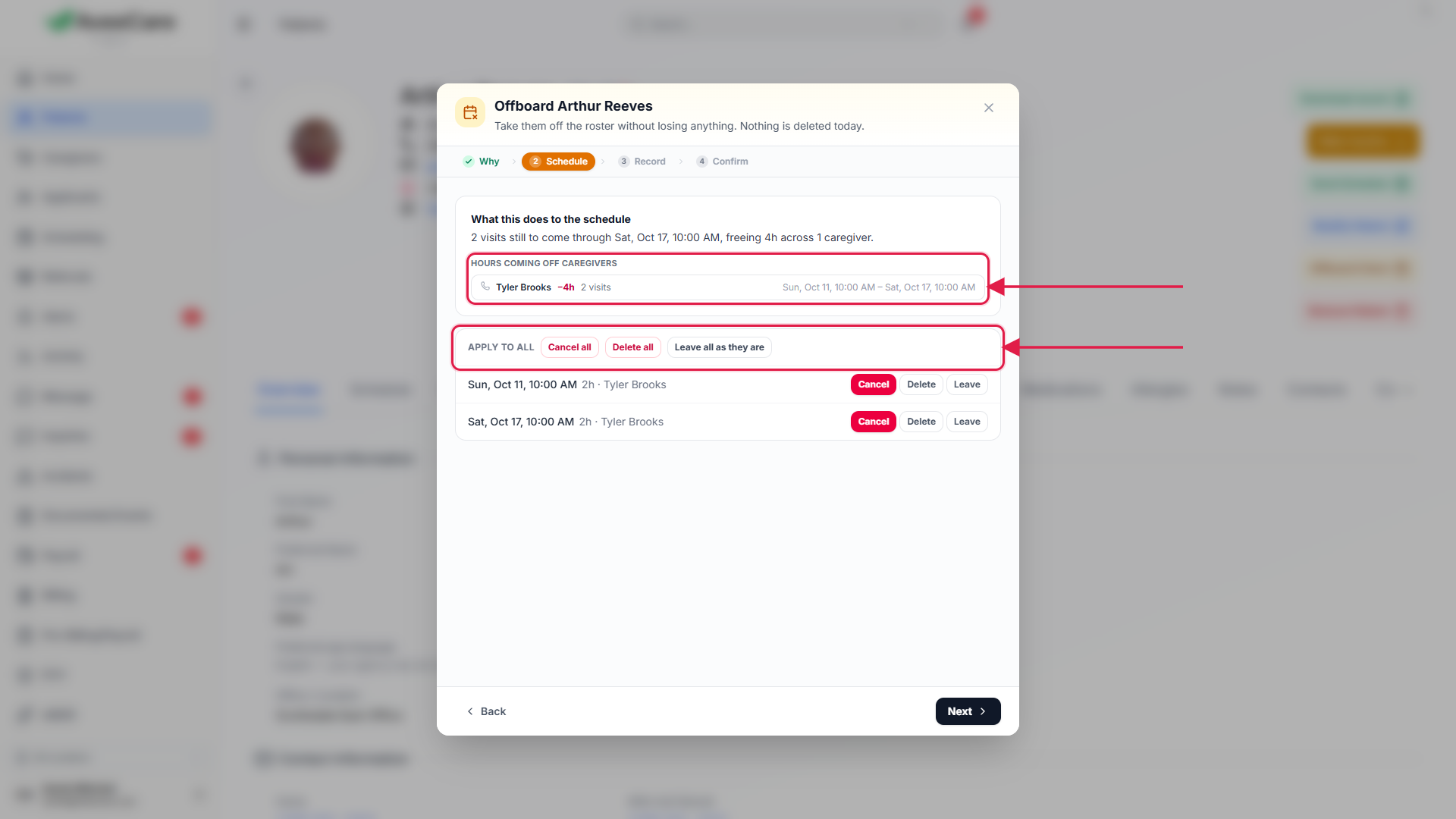 The Schedule step listing future visits with Cancel all, Leave all as they are and Apply to all