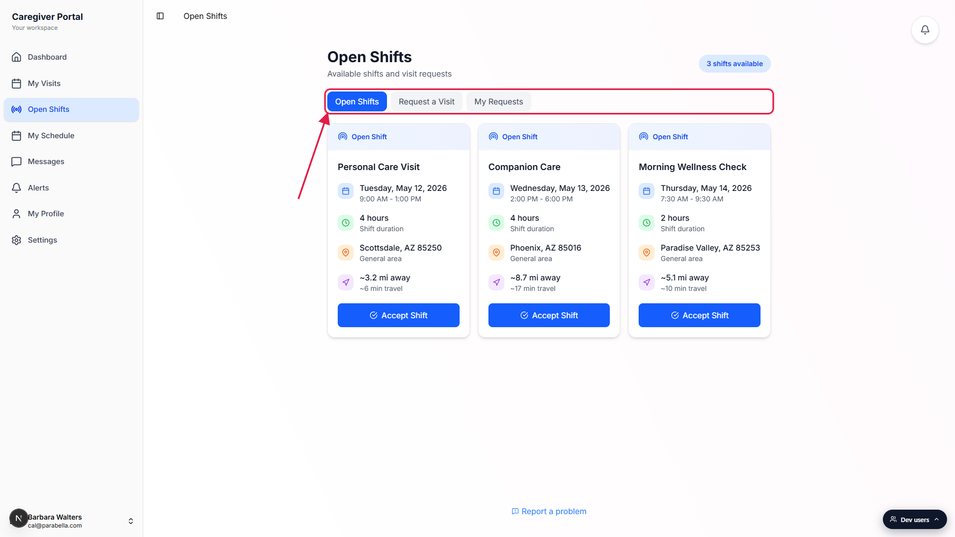 Open Shifts page showing the Open Shifts, Request a Visit, and My Requests tab row called out with a red box