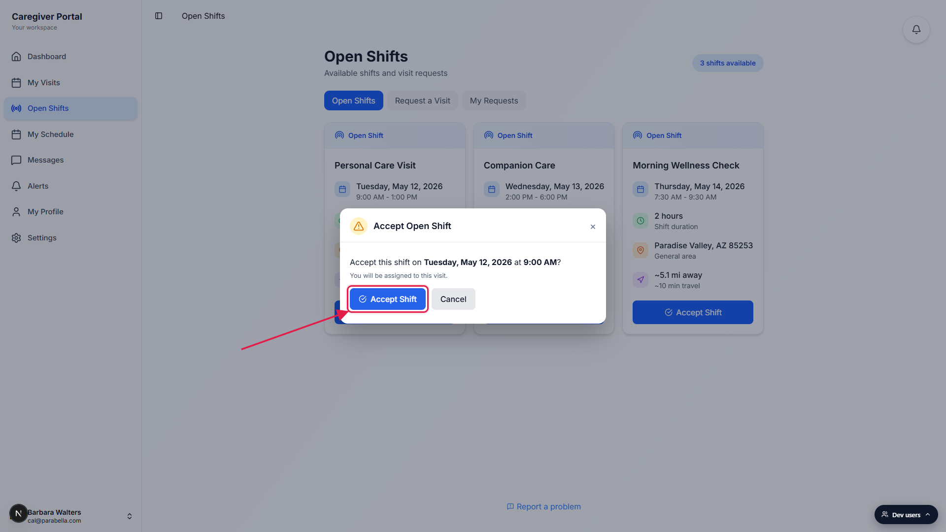 Accept Open Shift confirmation modal with the date and time summary and the blue Accept Shift button called out with a red box