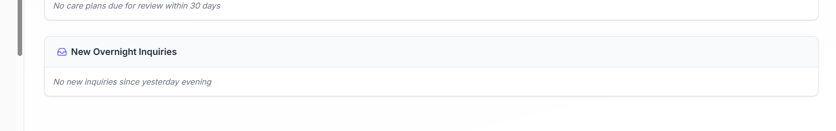 Close-up of the New Overnight Inquiries panel showing the No new inquiries since yesterday evening empty state