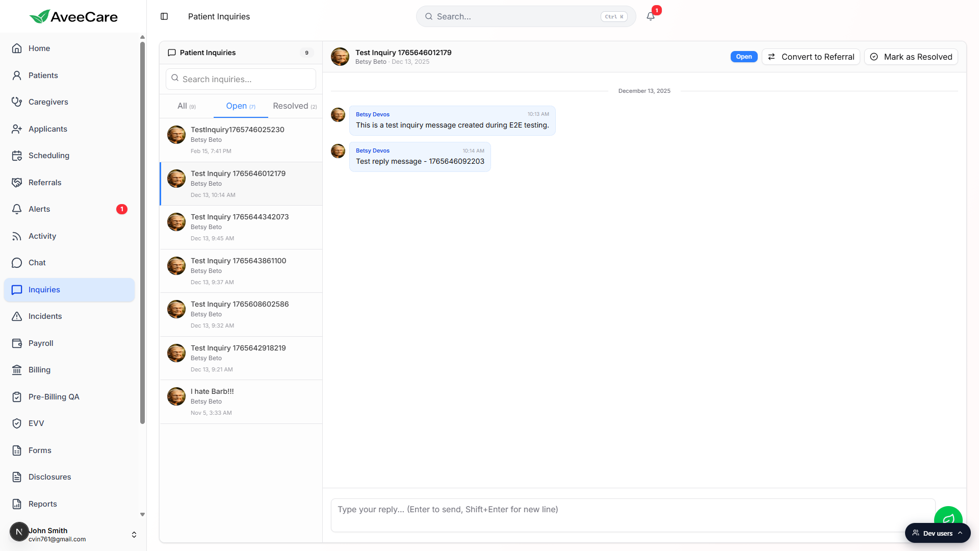 Inquiries page with a thread open on the right, the reply composer at the bottom, and Convert to Referral and Mark as Resolved buttons in the top right