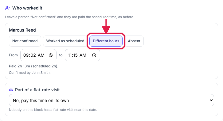 Who worked it panel on an office block for Marcus Reed with Different hours called out with a red box and arrow, From 09:02 AM to 11:15 AM, and the line Paid 2h 13m (scheduled 2h), Confirmed by John Smith