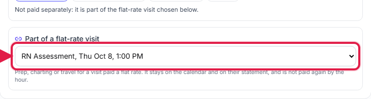 Part of a flat-rate visit dropdown called out with a red box and arrow, set to RN Assessment, Thu Oct 8, 1:00 PM
