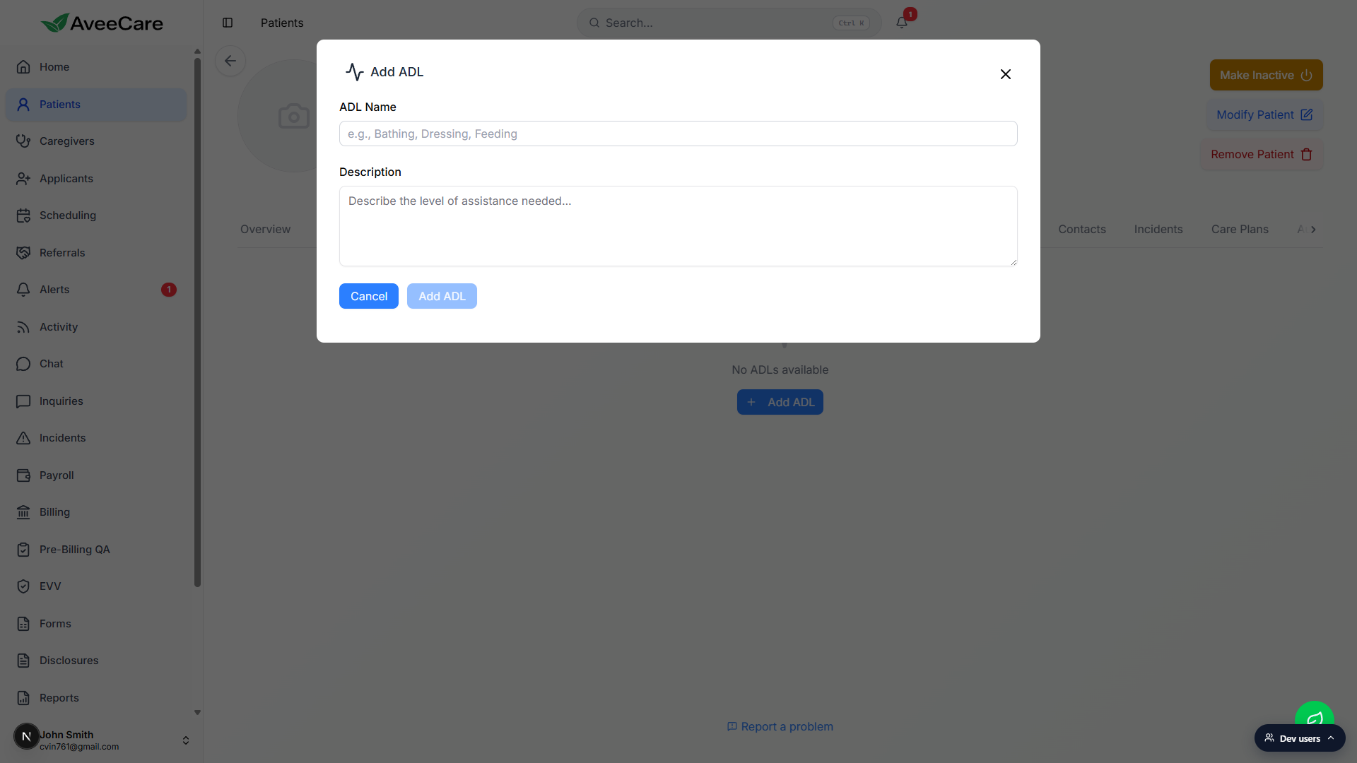 Add ADL modal with ADL Name input and Description textarea, Cancel and Add ADL buttons at the bottom