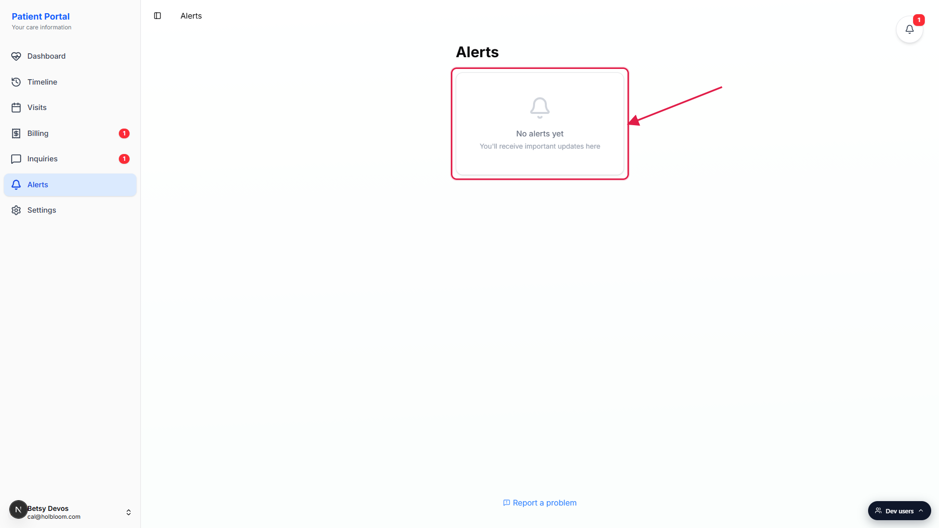 Patient Alerts page showing the centered No alerts yet empty-state card in a red box with an arrow pointing to it