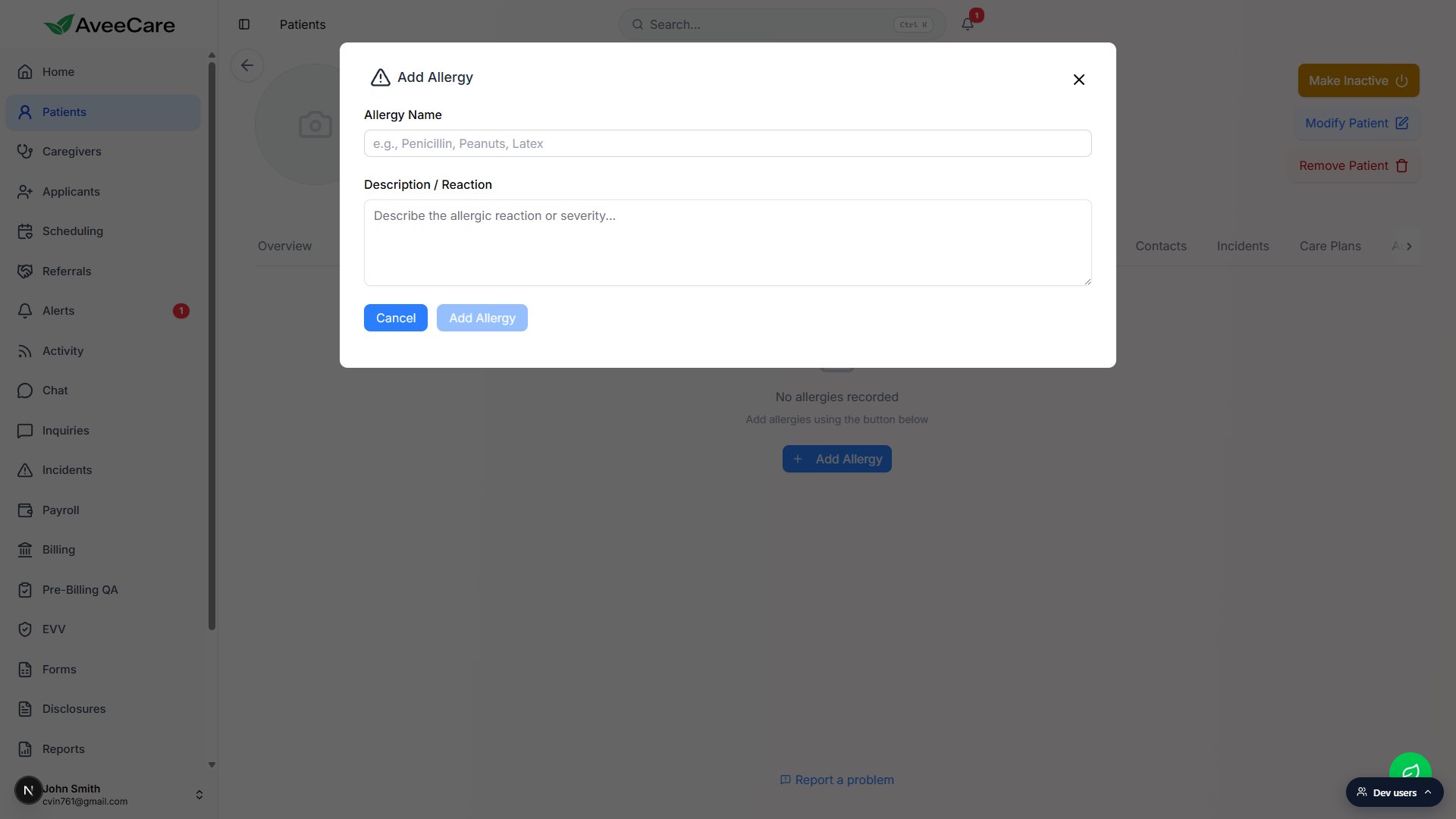 Add Allergy modal with the Allergy Name input on top and the Description / Reaction textarea below it, plus Cancel and Add Allergy buttons
